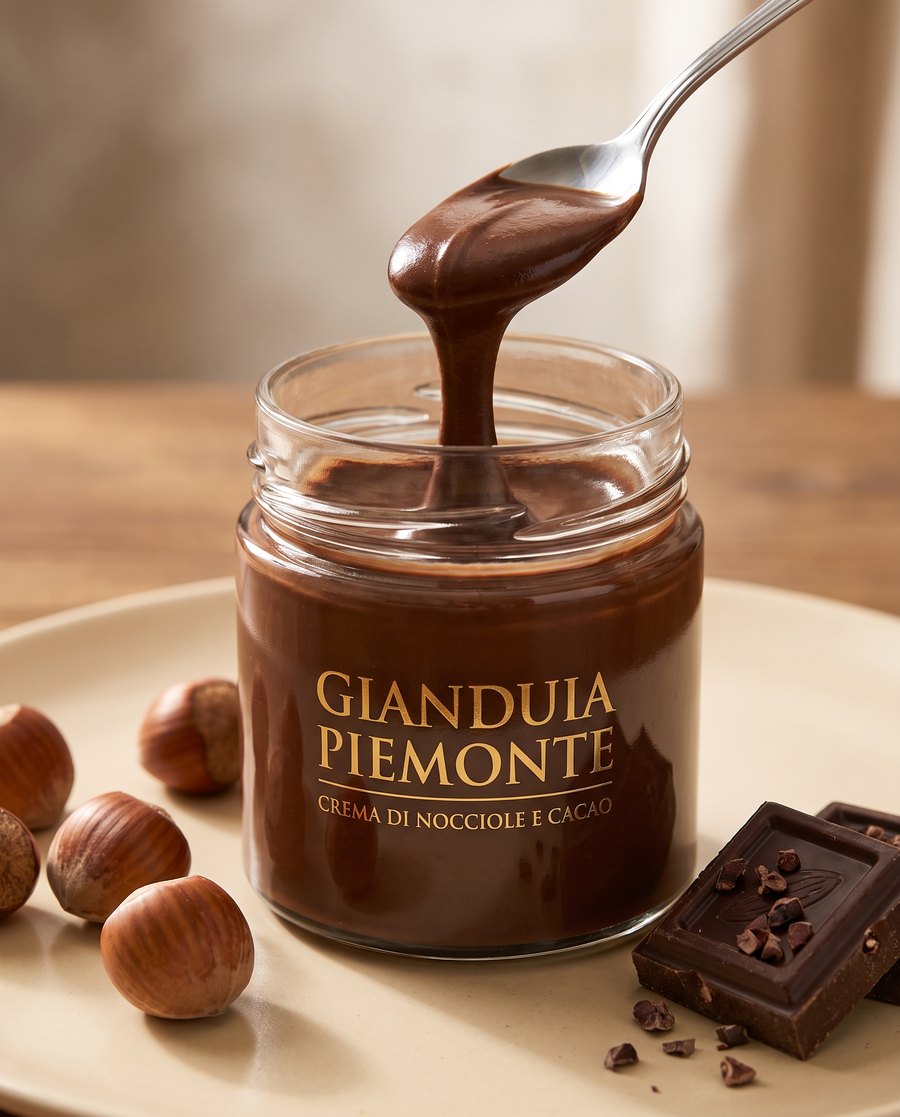 Pot de crème gianduia Amorino, cuillère soulevant un ruban de pâte noisette-chocolat
