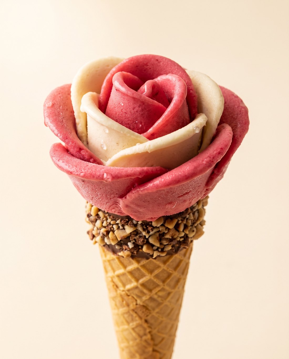 Gelato Amorino façonné en rose, sorbet framboise et fior di latte sur cône praliné