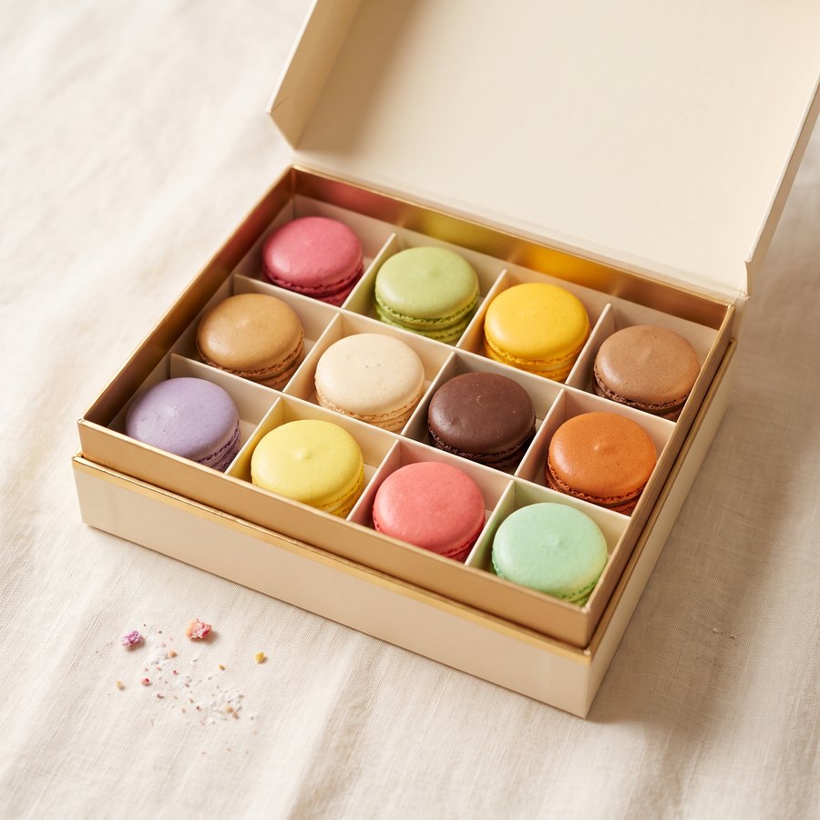 Coffret doré de douze macarons Amorino aux couleurs des parfums gelato
